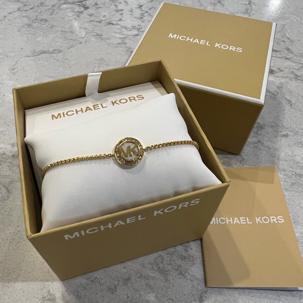 NIB Michael Kors Gold Tone Crystal MK Slider Bracelet